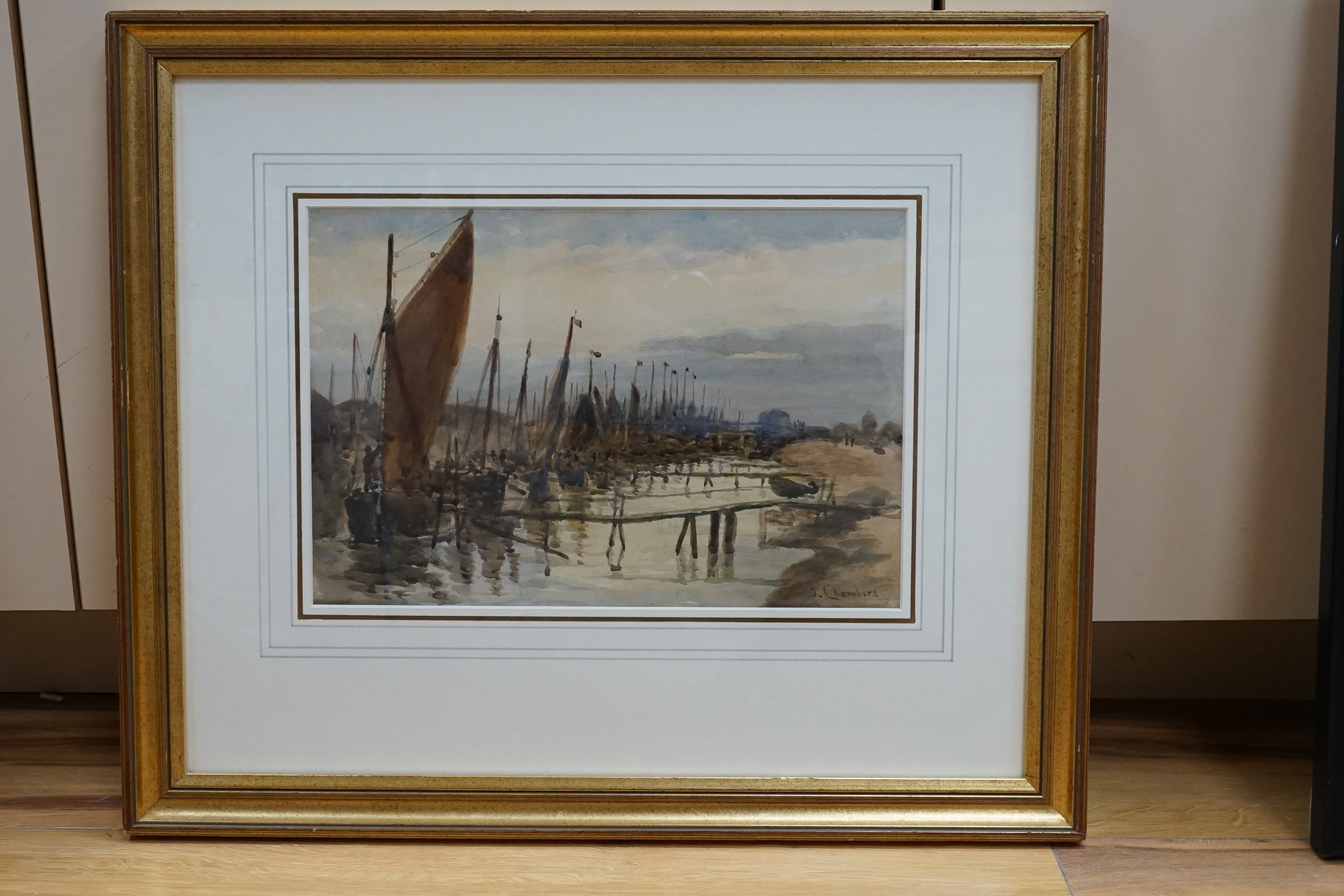 John Chambers (1852-1928), watercolour, Norfolk fishing fleet, signed, 22 x 32cm. Condition - fair to good